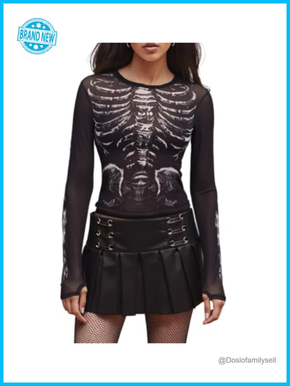 Skeleton Print Mesh Crop Top Sheer Long Sleeve Gothic Tee